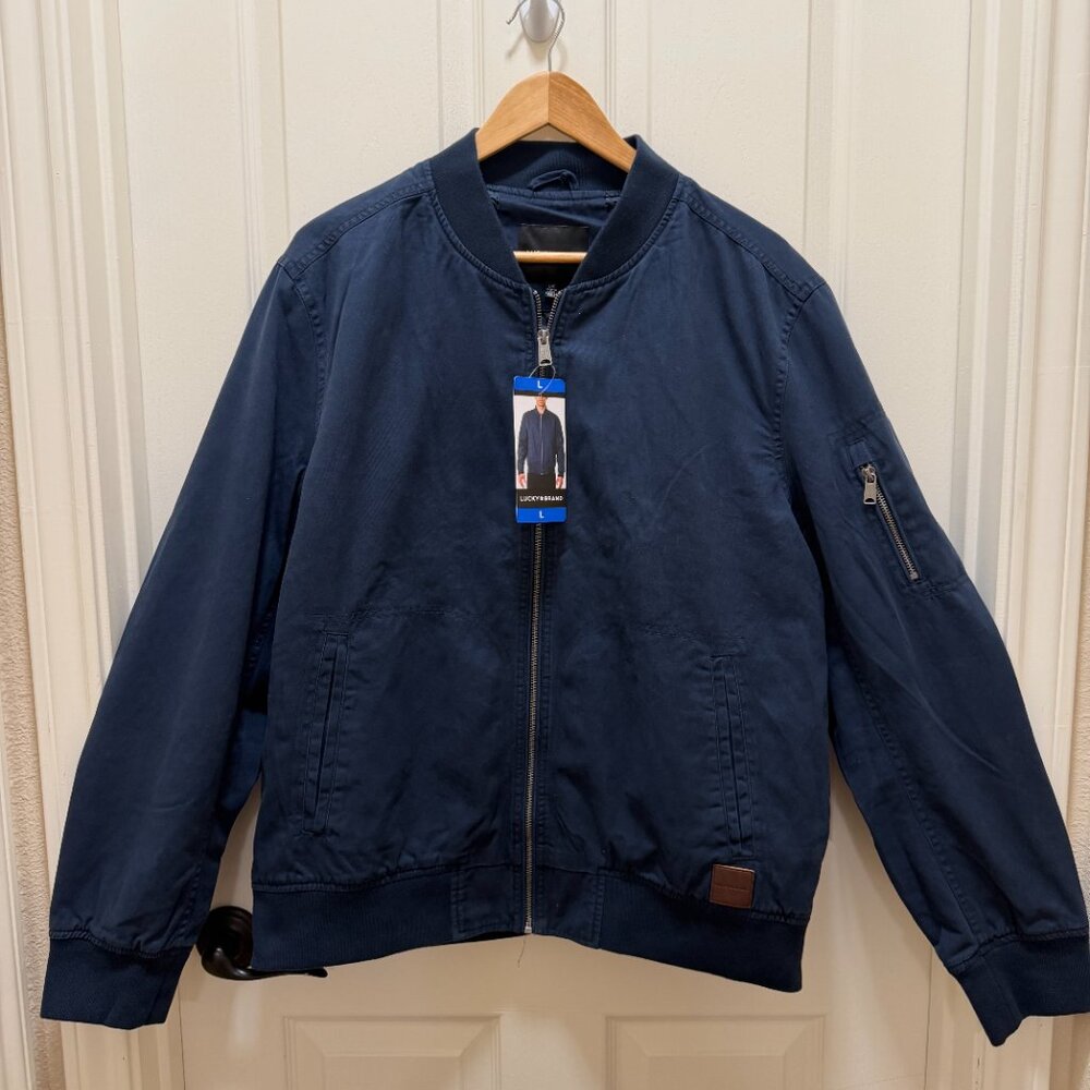 Lucky Brand Men's Full Zip Bomber Jacket Size L Navy Blue Lightweight Sporty New